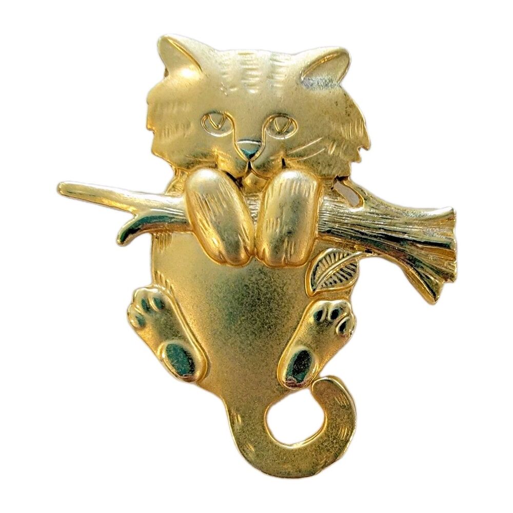 VTG AJC Kitty Cat Gold Tone Brooch Pin "Hang In There" Tree Branch